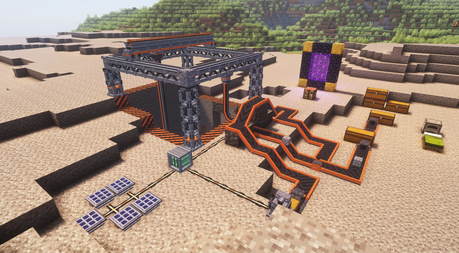 A starter base with orange conveyor belts snaking between machines