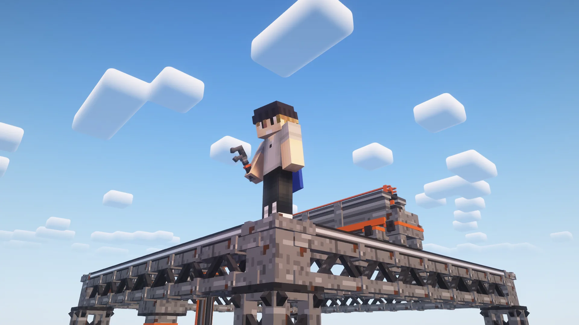 A player standing on top of a quarry rig with blocky clouds behind